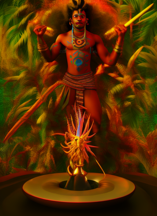 shiva as a young afro caribbean god, in the jungle, with a trident and drum , octane render, fractoluminescence 