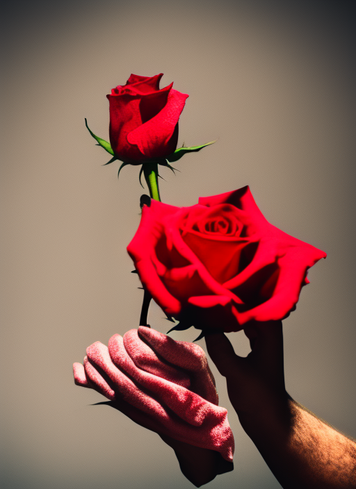 A boy holding a red rose in his hand turning into demon