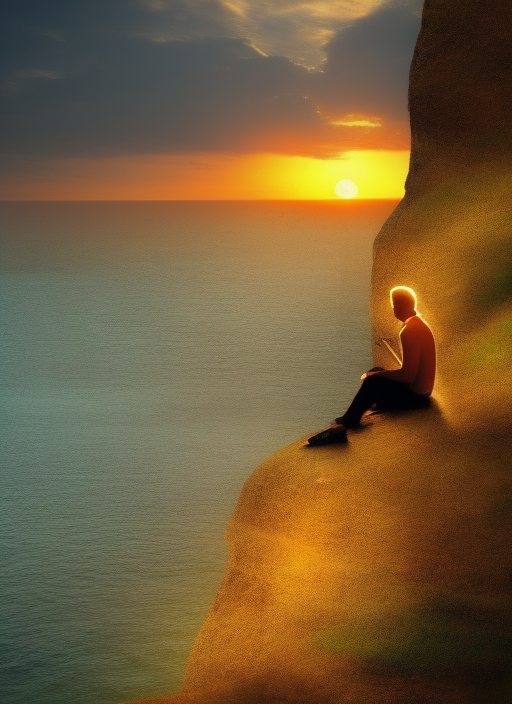 he was sitting near a beautiful cliff and thinking of love with sun set