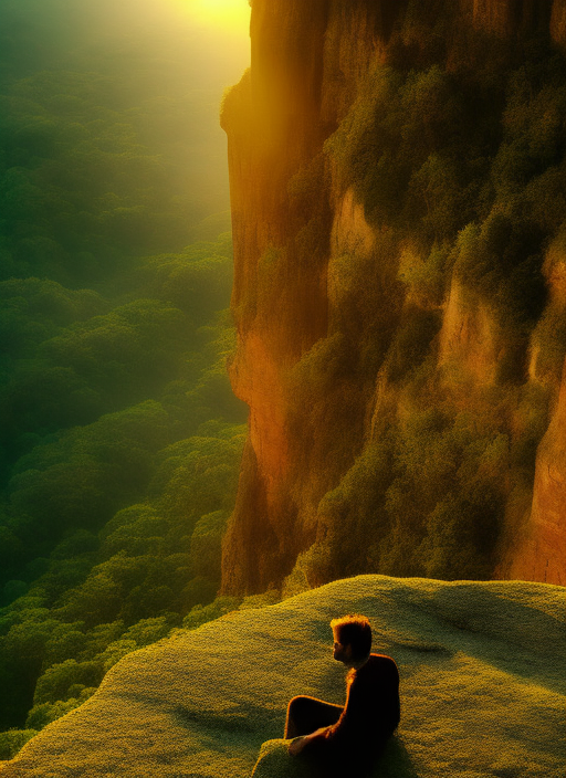 he was sitting near a beautiful cliff and thinking of love with sun set