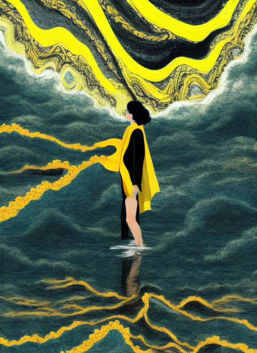 An insanely detailed wonderful river made of marble, gold and obsidian flowing into the ocean is swirling and fractal movements, a person standing infront in yellow coat