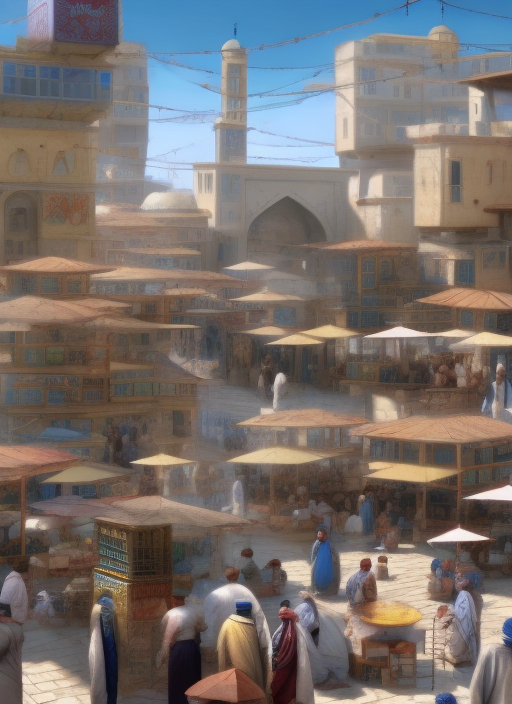 a Persian time market place, colorful, people, many stores, realistic, hd