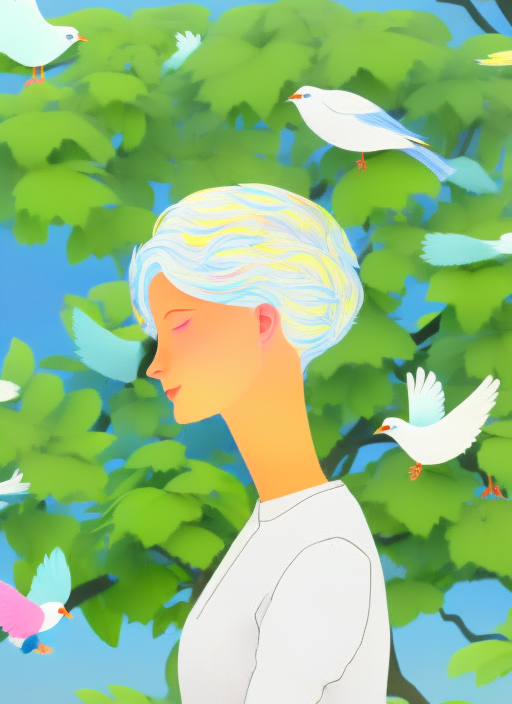 beautiful young woman with white hair and blue eyes praying, birds, trees, vines, paper cutout art, paper illustration, empathy, profile shot, 3d, multi layered, vivid colors, fine details, 8k, uhd, hdr