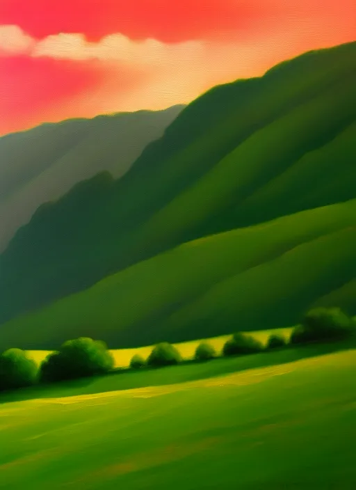 Beautiful green lush valley under the pink clouds backlit by the sun