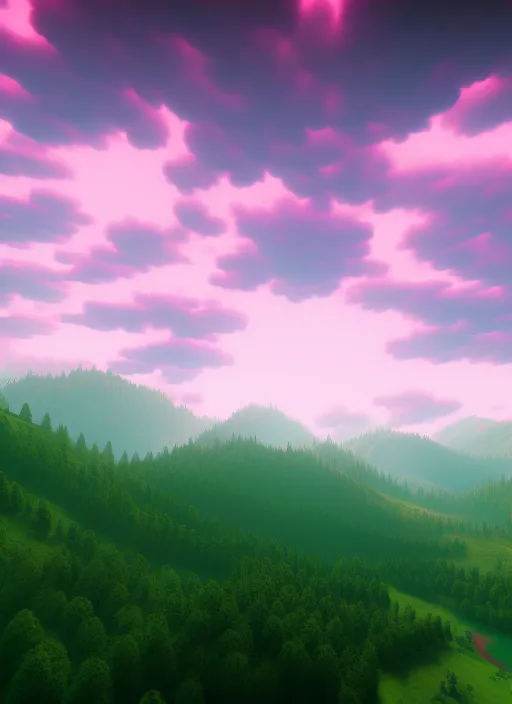 Beautiful green lush valley under the pink clouds backlit by the sun