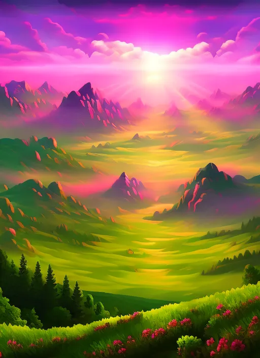 Beautiful green lush valley under the pink clouds backlit by the sun, sun in center