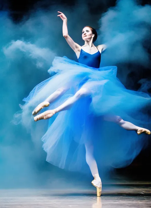 A dancing ballerina in whirling blue smoke