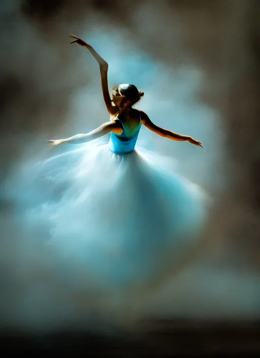 A dancing ballerina in whirling blue smoke