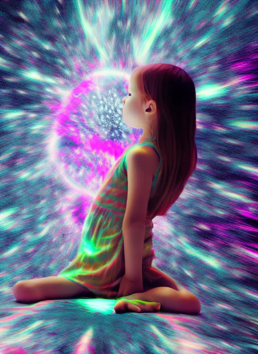 An insanely detailed photograph of a little girl sitting on the ground of a fractal dimension in flowing magical energy, marbled colourful enviroment moving towards the girl, galactic, bright light, 8K HD