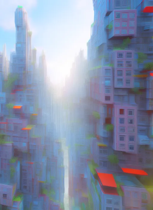 a cybertic city, 3d render, realistic, colorful, with a sun