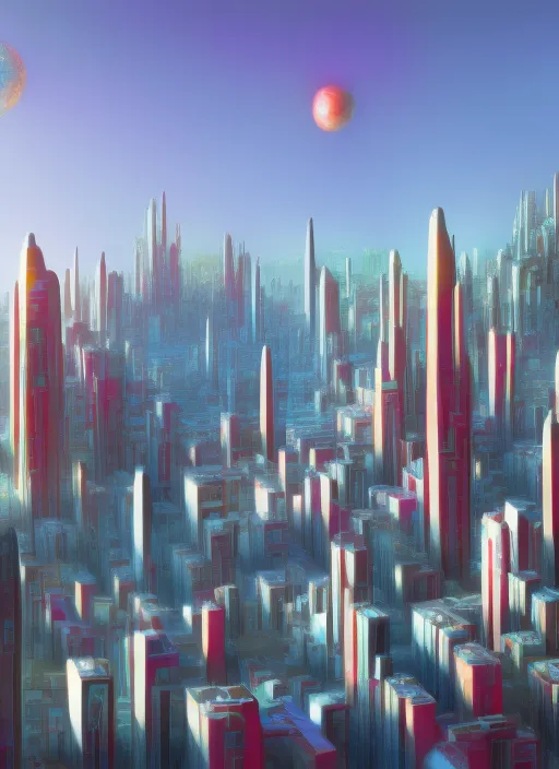 a cybertic city, 3d render, realistic, colorful, with a sun