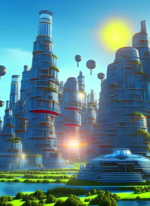 a futuristic city, 3d render, realistic, colorful, with a sun