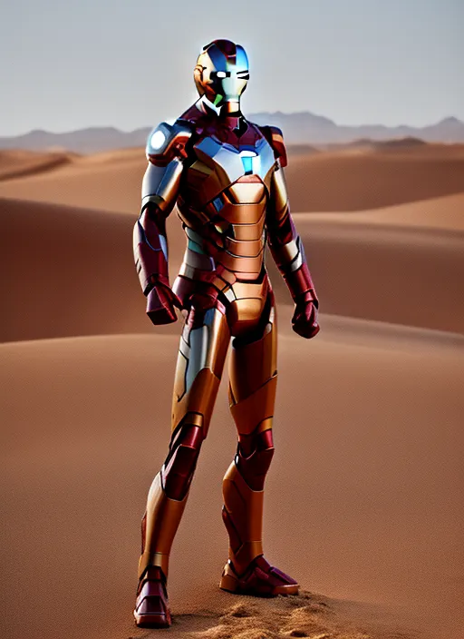 first iron man suit in the desert, metallic, photorealistic, shiny, sandy, sand everywhere, metal, rustic iron and copper, sand dunes, marvel