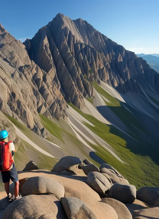 In the image, we see a person standing at the base of a large mountain. The person is looking up at the summit, determination etched on their face. They have a backpack on their back, and they are holding a climbing rope in their hand. The mountain is rugged and steep, with jagged rocks and loose gravel. But the person is not deterred, they are ready to take on the challenge and reach the top. The sky is clear and blue, and the sun is shining bright, symbolizing hope and positivity. The image captures the spirit of overcoming obstacles and reaching for the stars.