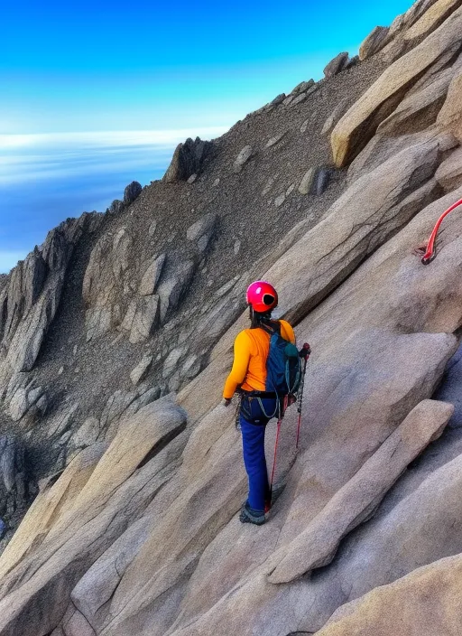 In the image, we see a person standing at the base of a large mountain. The person is looking up at the summit, determination etched on their face. They have a backpack on their back, and they are holding a climbing rope in their hand. The mountain is rugged and steep, with jagged rocks and loose gravel. But the person is not deterred, they are ready to take on the challenge and reach the top. The sky is clear and blue, and the sun is shining bright, symbolizing hope and positivity. The image captures the spirit of overcoming obstacles and reaching for the stars.