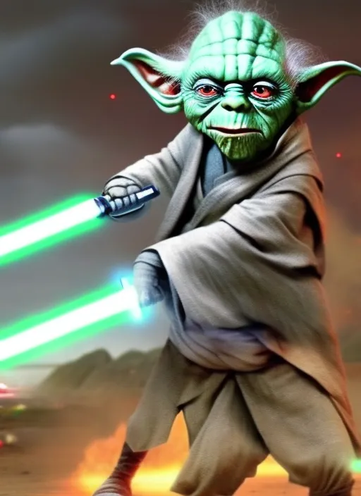 Yoda fighting donald trump with lightsabers 