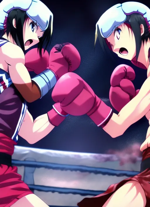 Anime girls boxing in a ring exchanging blows as they punch each other, their faces are getting bruised as they get hit by the boxing gloves