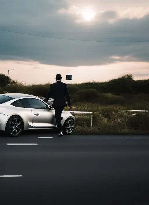 A man pushing his car along a road to a hotel