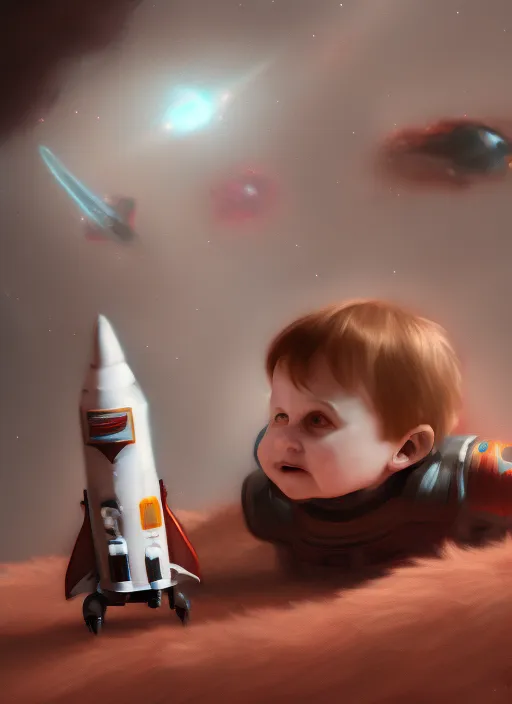 toddler Elon musk lying on a fluffy rug playing with his space rockets, digital painting, painterly, soft cinematic lighting,