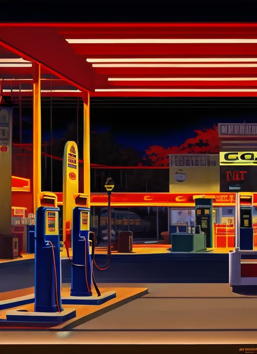 empty minimalist gas station at night, 7 0 s, stanley kubrick the shinning, american gothic, vibrant colors americana, cinematic, volumetric lighting, ultra wide angle view, realistic, detailed painting in the style of edward hopper and rene magritte