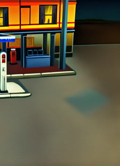 empty minimalist gas station at night, 7 0 s, stanley kubrick the shinning, american gothic, vibrant colors americana, cinematic, volumetric lighting,bird eye view, realistic, detailed painting in the style of edward hopper and rene magritte