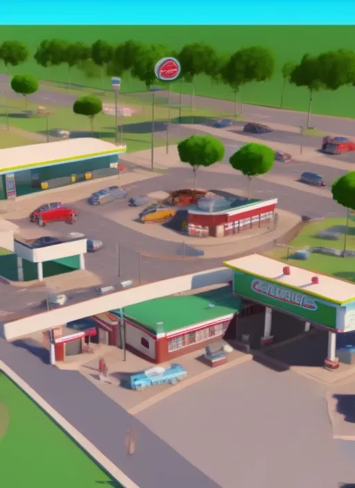 Gas station of 1950s, realistic, 3d render, bird eye view