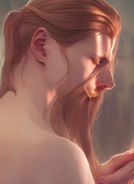  a man reading the mind of an attratctive woman, portrait,, highly detailed, digital painting, artstation, concept art, smooth, sharp focus, illustration, cinematic lighting, art by artgerm and greg rutkowski and alphonse mucha