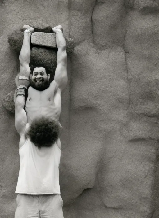 man lifting heavy stone double the size of the man above his head