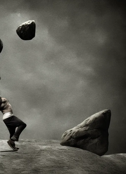 man lifting heavy stone above his head