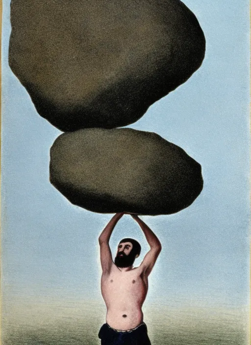 man holding heavy stone above his head