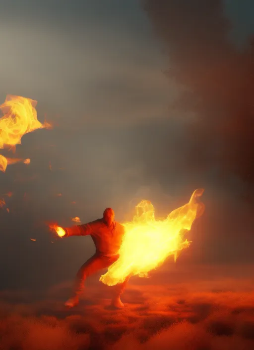 man morphing into fire. man morphing into fire. sage, cinematic lighting, trending on shutterstock, concept art, volumetric