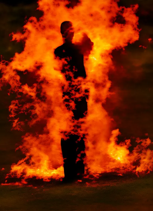 a person morphing into a fire. a person transforming into a fire. Analytical art, award winning photography, f2.2