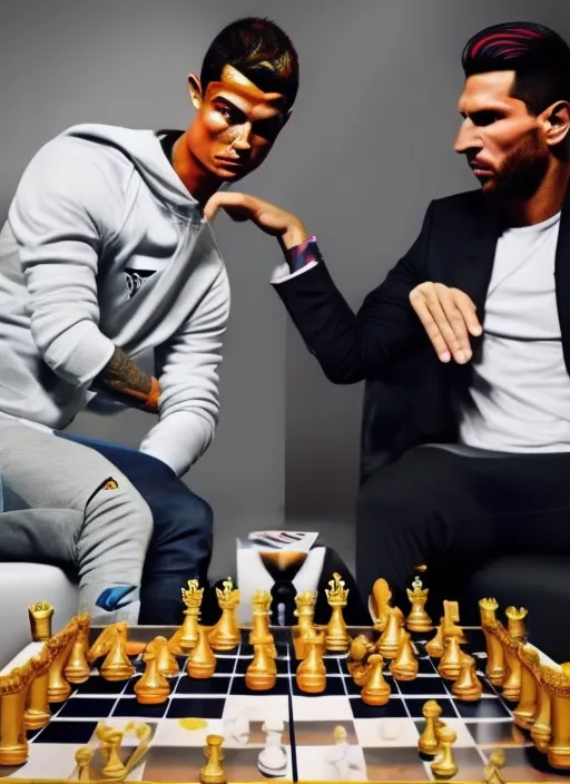 Cristiano Ronaldo and Messi competing in a game of chess