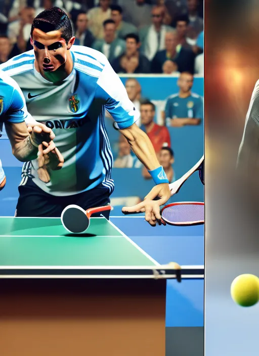 Cristiano Ronaldo and Messi competing in a game table tennis