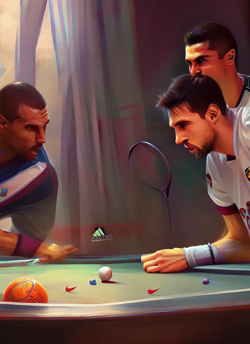 messi and ronaldo playing table tenis, portrait, elegant, intricate, digital painting, artstation, concept art, smooth, sharp focus, illustration, art by konstantin korovin and daniel f. gerhartz and john howe