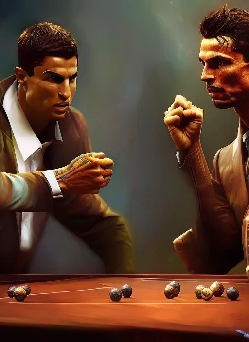 messi and Cristiano Ronaldo playing table tenis, portrait, elegant, intricate, digital painting, artstation, concept art, smooth, sharp focus, illustration, art by konstantin korovin and daniel f. gerhartz and john howe