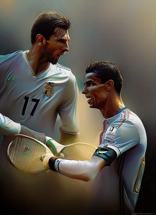 lionel messi and Cristiano Ronaldo playing tenis, portrait, elegant, intricate, digital painting, artstation, concept art, smooth, sharp focus, illustration, art by konstantin korovin and daniel f. gerhartz and john howe