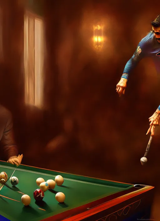 lionel messi and Cristiano Ronaldo playing pool, portrait, elegant, intricate, digital painting, artstation, concept art, smooth, sharp focus, illustration, art by konstantin korovin and daniel f. gerhartz and john howe