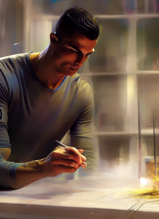 Cristiano Ronaldo building an IKEA table, portrait, elegant, intricate, digital painting, artstation, concept art, smooth, sharp focus, illustration, art by konstantin korovin and daniel f. gerhartz and john howe : 1