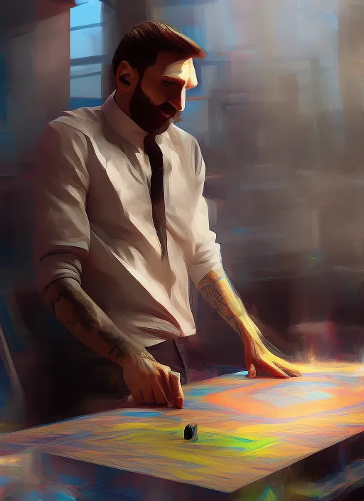 Lionel Messi building an IKEA table, portrait, elegant, intricate, digital painting, artstation, concept art, smooth, sharp focus, illustration, art by konstantin korovin and daniel f. gerhartz and john howe