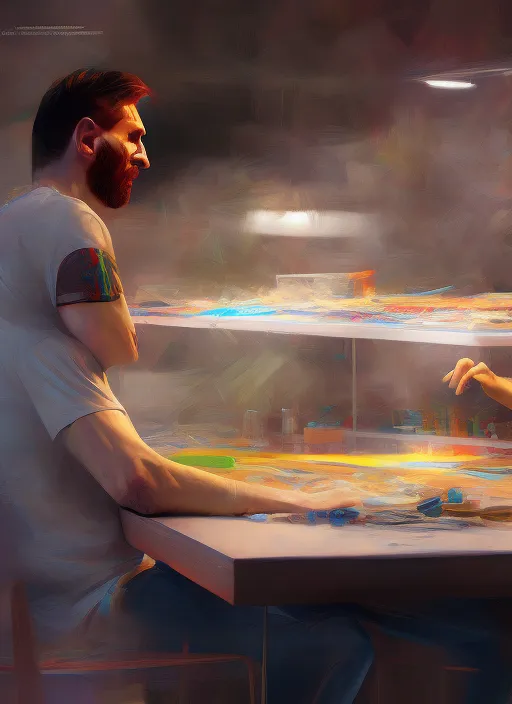 Lionel Messi building an IKEA table, portrait, elegant, intricate, digital painting, artstation, concept art, smooth, sharp focus, illustration, art by konstantin korovin and daniel f. gerhartz and john howe