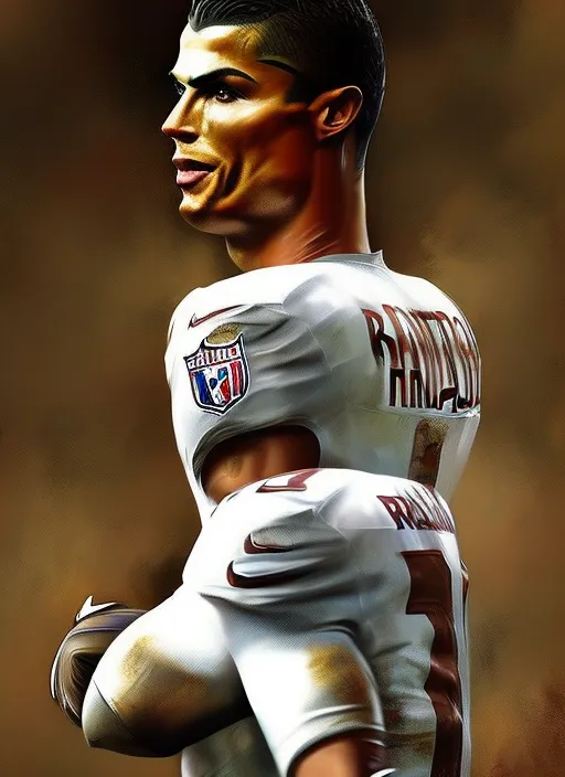 Cristiano Ronaldo as an NFL Player without a helmet, portrait, elegant, intricate, digital painting, artstation, concept art, smooth, sharp focus, illustration, art by konstantin korovin and daniel f. gerhartz and john howe : 1