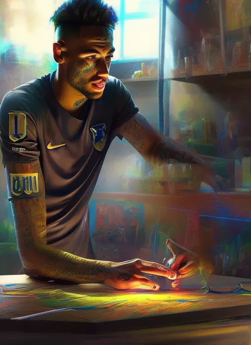 neymar building an IKEA table, portrait, elegant, intricate, digital painting, artstation, concept art, smooth, sharp focus, illustration, art by konstantin korovin and daniel f. gerhartz and john howe : 1 : 1