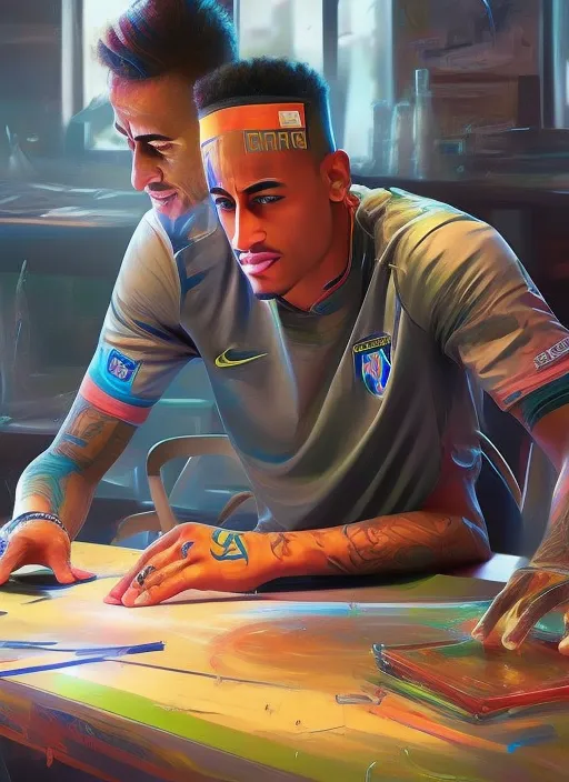 neymar building an IKEA table, portrait, elegant, intricate, digital painting, artstation, concept art, smooth, sharp focus, illustration, art by konstantin korovin and daniel f. gerhartz and john howe : 1