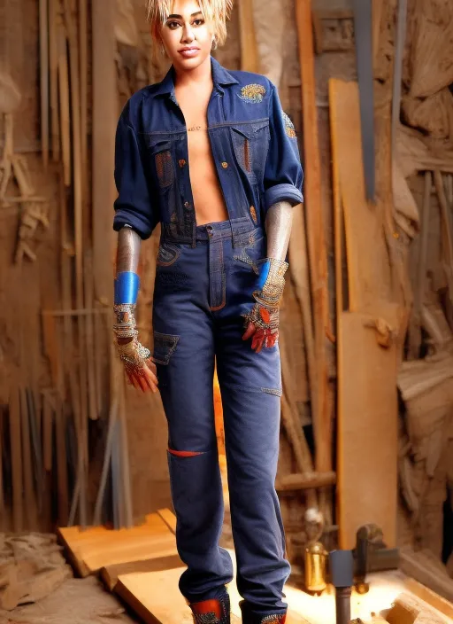 Miley Cyrus as a carpenter, full body shot. Miley Cyrus as a carpenter, full body shot. intricate details, documentary, glowing with colored light