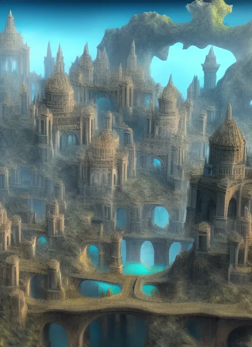 the  city of atlantis, large scale, mixed media, digital art, trending on artstation, 8k, epic composition, highly detailed, AAA graphics, bird eye view, royal buildings, clear kingdom,
