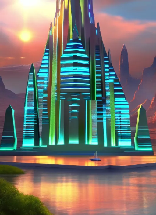 a matte painting of a Modern Atlantis temple of dynasty highly detailed futuristic architecture by Frank Lloyd Wright and Zaha Hadid, reflective lighting, huge holographic logo, ground-level view, puddles of turquoise water, stunning sunny lighting, sunrise, vivid colors, in the style of pixar animation, trending on Artstation, 8k, matte painting, ray tracing, hyper detailed, unreal engine 5, cinematic, epic lighting, cryengine, octane render, cyberpunk, red and orange glow, vibrant