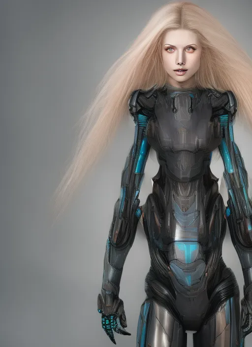 a beautiful woman with blonde hair wearing robot suit with wires and light, highly detailed, photorealistic, artstation, smooth