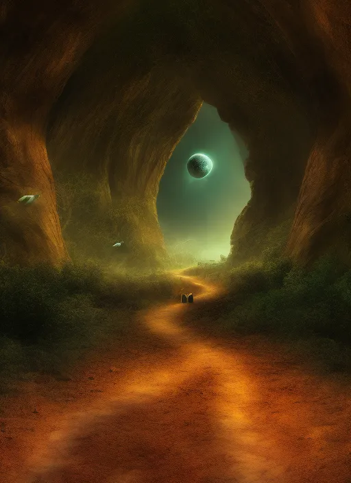 adventure on a new planet with fauna, showing a mysterious and scary pathway. adventure on a new planet with fauna, showing a mysterious and scary pathway. 8k, digital art