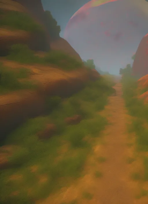 mysterious adventure on a new planet with fauna, showing a mysterious pathway. mysterious adventure on a new planet with fauna, showing a mysterious pathway. 4k, full shot, volumetric